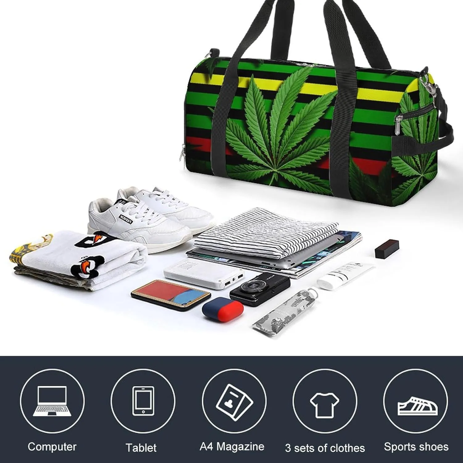 Gym Bag Weed Striped Duffel Bag for Men Women Overnight Bag with Shoe Compartment Workout Bags