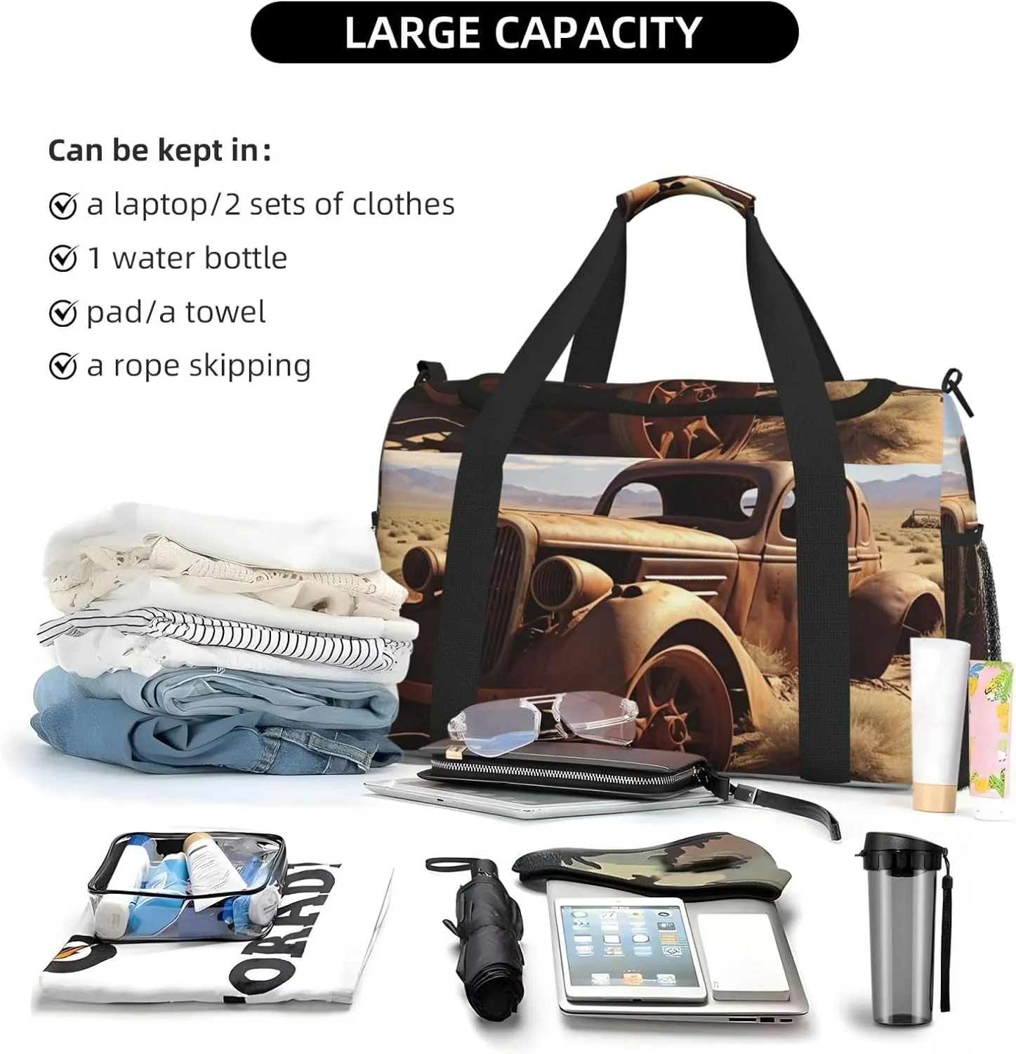 Gym Bag Wheels Abandoned in The Desert Duffel Bag for Men Women Travel Overnight Bag with Shoe Compartment Workout Bags