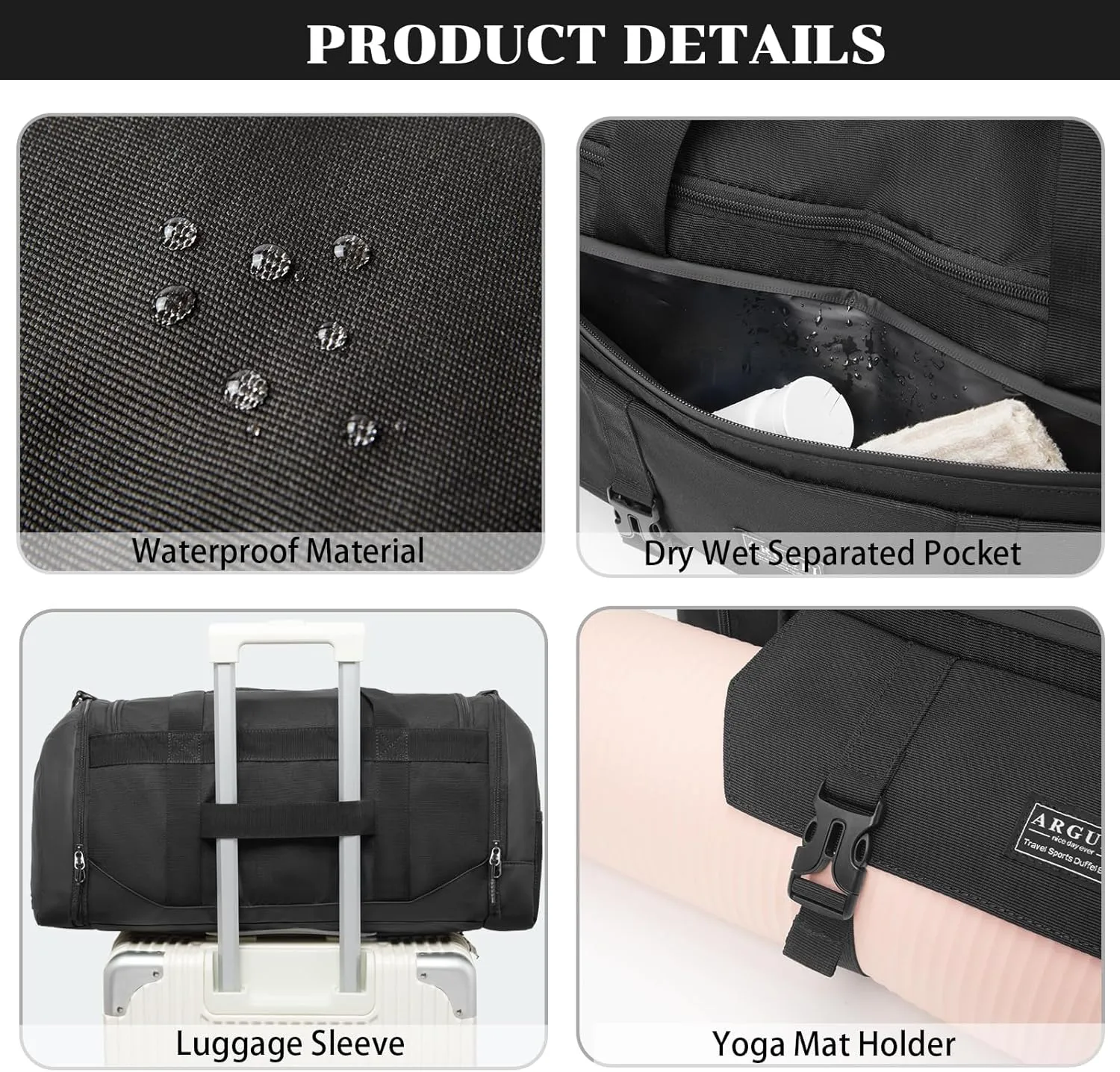 Gym Bags For Men & Women With Shoes Compartment And Wet Pocket, Sports Duffle Bag, Workout Bags For Gym Swimming Yoga,Waterproof Weekend Overnight Carry On Bag A-TG-001-Black