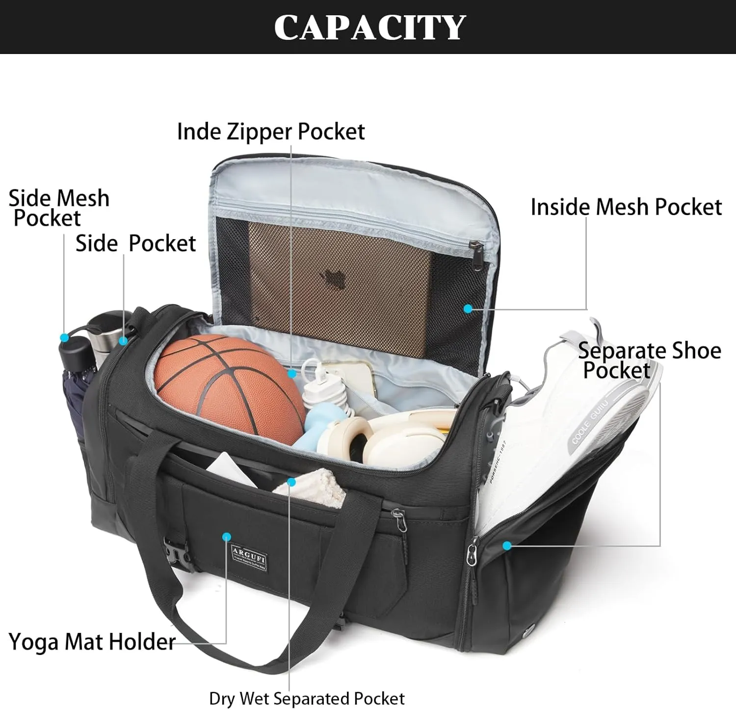 Gym Bags For Men & Women With Shoes Compartment And Wet Pocket, Sports Duffle Bag, Workout Bags For Gym Swimming Yoga,Waterproof Weekend Overnight Carry On Bag A-TG-001-Black