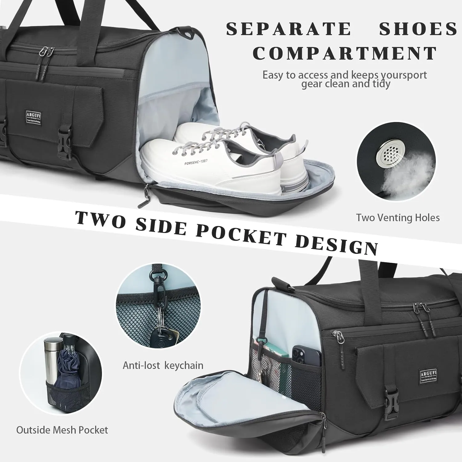 Gym Bags For Men & Women With Shoes Compartment And Wet Pocket, Sports Duffle Bag, Workout Bags For Gym Swimming Yoga,Waterproof Weekend Overnight Carry On Bag A-TG-001-Black