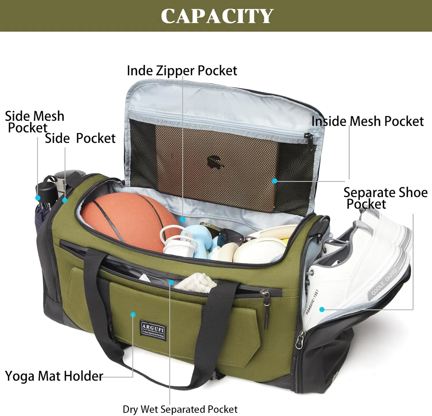 Gym Bags For Men & Women With Shoes Compartment And Wet Pocket, Sports Duffle Bag, Workout Bags For Gym Swimming Yoga,Waterproof Weekend Overnight Carry On Bag A-TG-002-Green