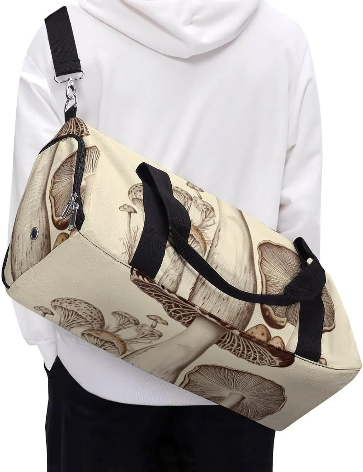 Gym Bags for Men Women Vintage Mushrooms Drawing Duffle Bag Travel Overnight Bag with Shoe Compartment Tote Bags