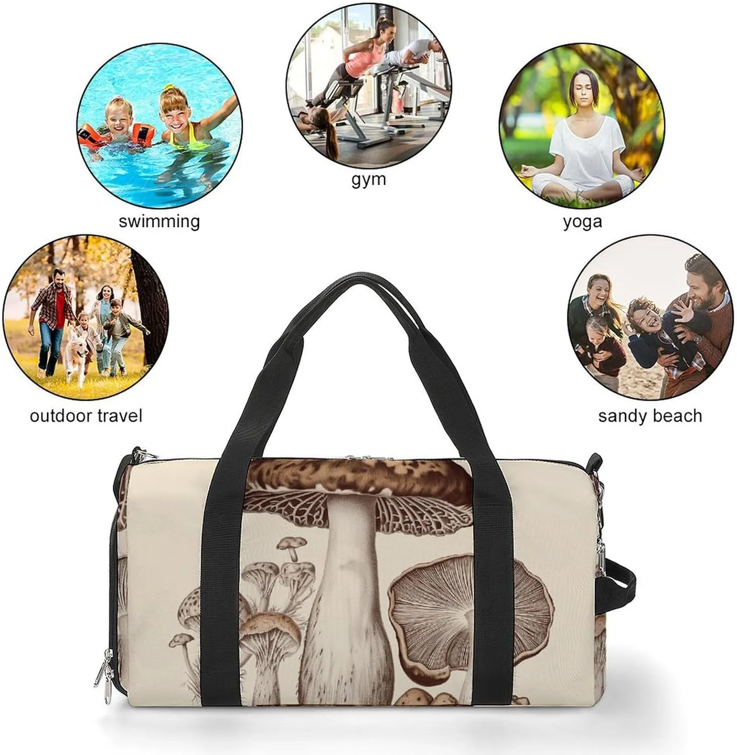 Gym Bags for Men Women Vintage Mushrooms Drawing Duffle Bag Travel Overnight Bag with Shoe Compartment Tote Bags