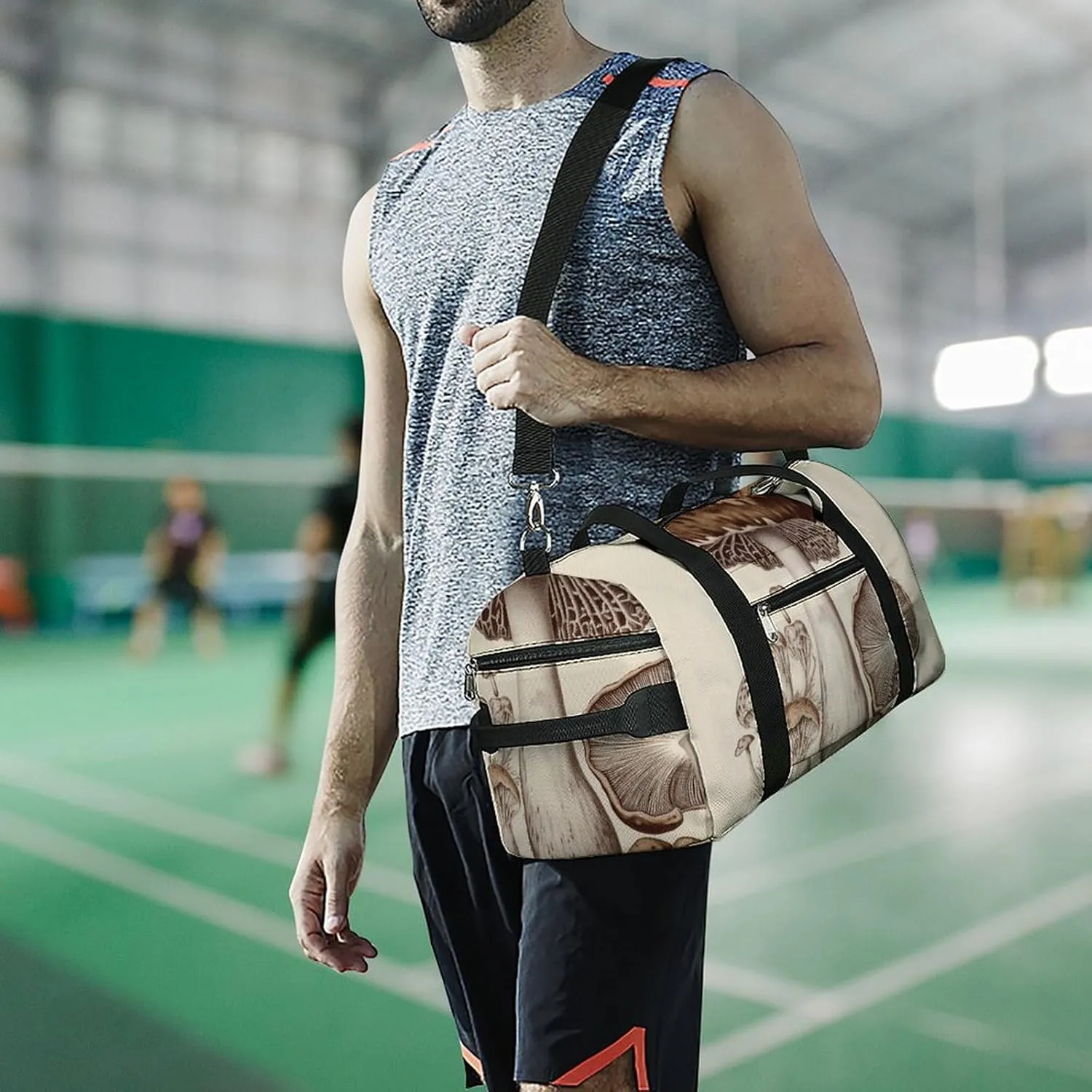 Gym Bags for Men Women Vintage Mushrooms Drawing Duffle Bag Travel Overnight Bag with Shoe Compartment Tote Bags