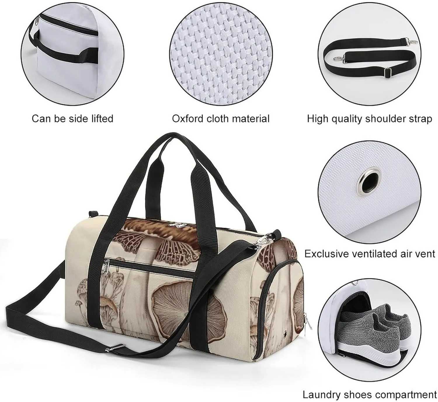 Gym Bags for Men Women Vintage Mushrooms Drawing Duffle Bag Travel Overnight Bag with Shoe Compartment Tote Bags
