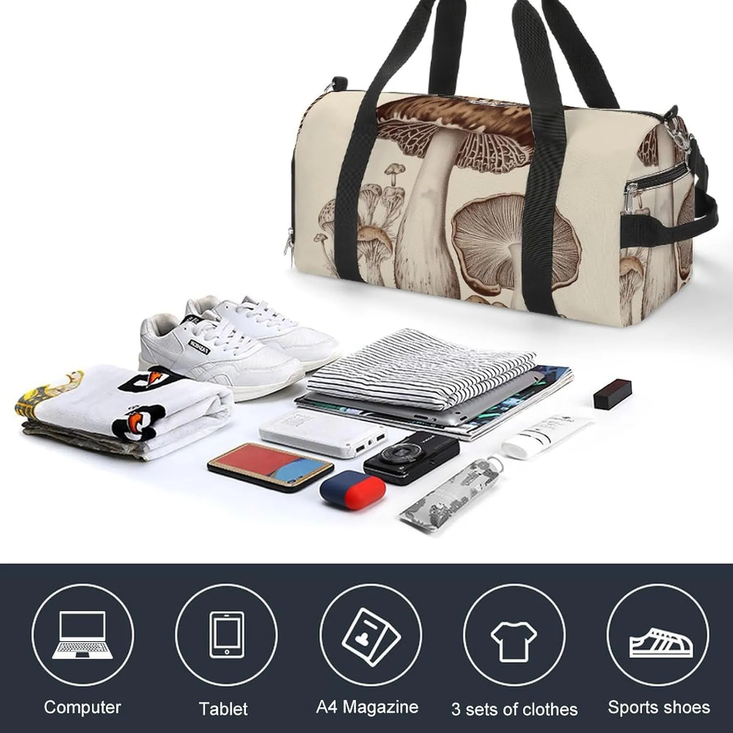 Gym Bags for Men Women Vintage Mushrooms Drawing Duffle Bag Travel Overnight Bag with Shoe Compartment Tote Bags