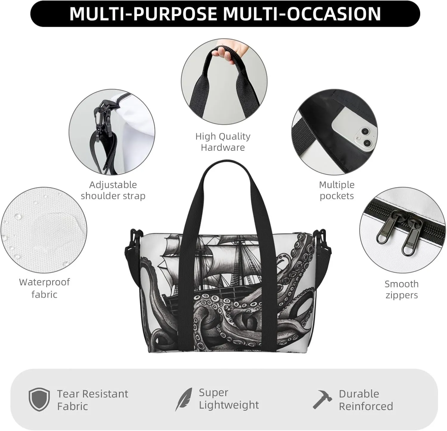 Gym Bags Small Black and White Octopus and Ship Duffel Bag Overnight Bag with Shoe Compartment Carryon Bag for Men Women