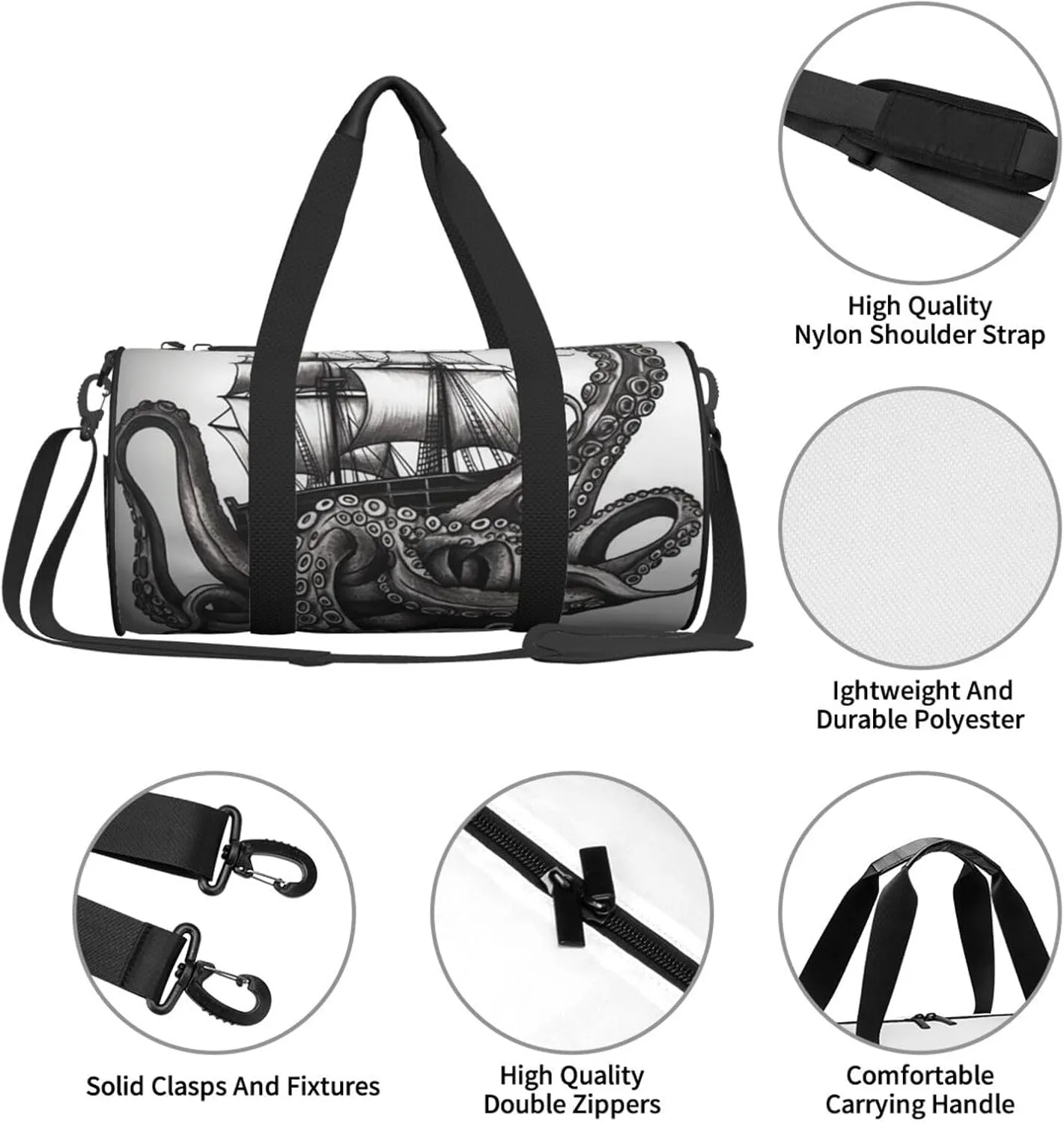 Gym Bags Small Black and White Octopus and Ship Duffel Bag Overnight Bag with Shoe Compartment Carryon Bag for Men Women