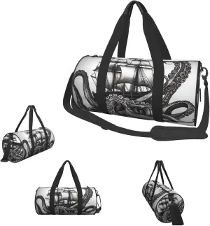 Gym Bags Small Black and White Octopus and Ship Duffel Bag Overnight Bag with Shoe Compartment Carryon Bag for Men Women
