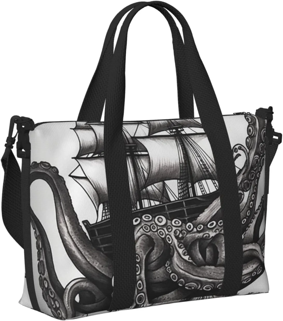 Gym Bags Small Black and White Octopus and Ship Duffel Bag Overnight Bag with Shoe Compartment Carryon Bag for Men Women