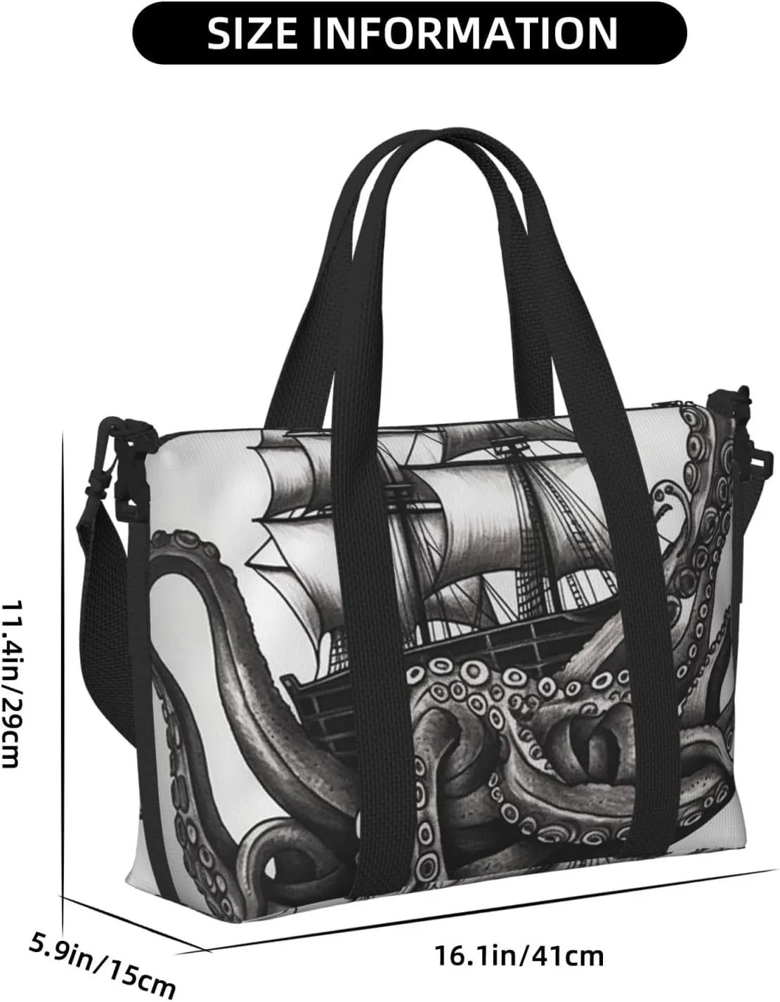 Gym Bags Small Black and White Octopus and Ship Duffel Bag Overnight Bag with Shoe Compartment Carryon Bag for Men Women