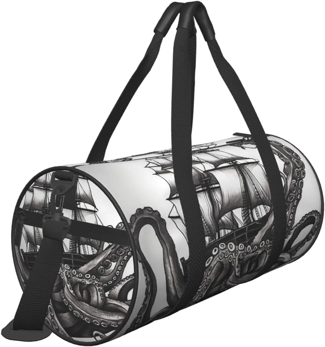 Gym Bags Small Black and White Octopus and Ship Duffel Bag Overnight Bag with Shoe Compartment Carryon Bag for Men Women