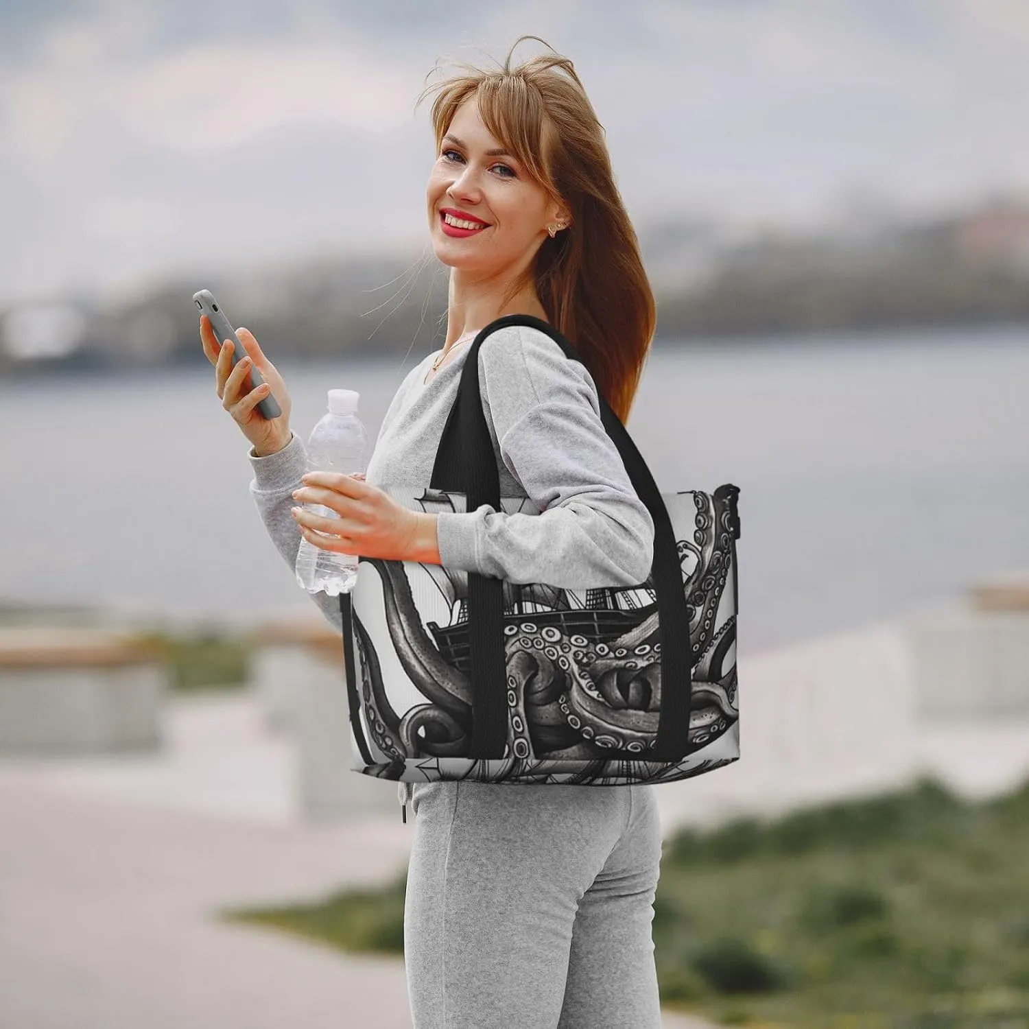 Gym Bags Small Black and White Octopus and Ship Duffel Bag Overnight Bag with Shoe Compartment Carryon Bag for Men Women