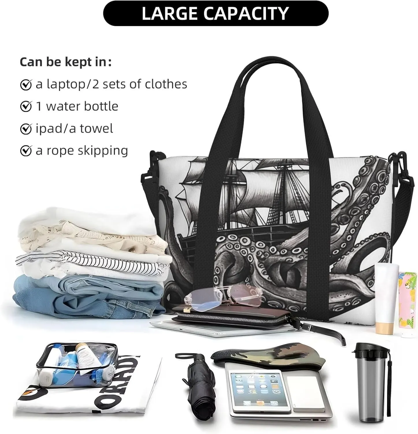 Gym Bags Small Black and White Octopus and Ship Duffel Bag Overnight Bag with Shoe Compartment Carryon Bag for Men Women