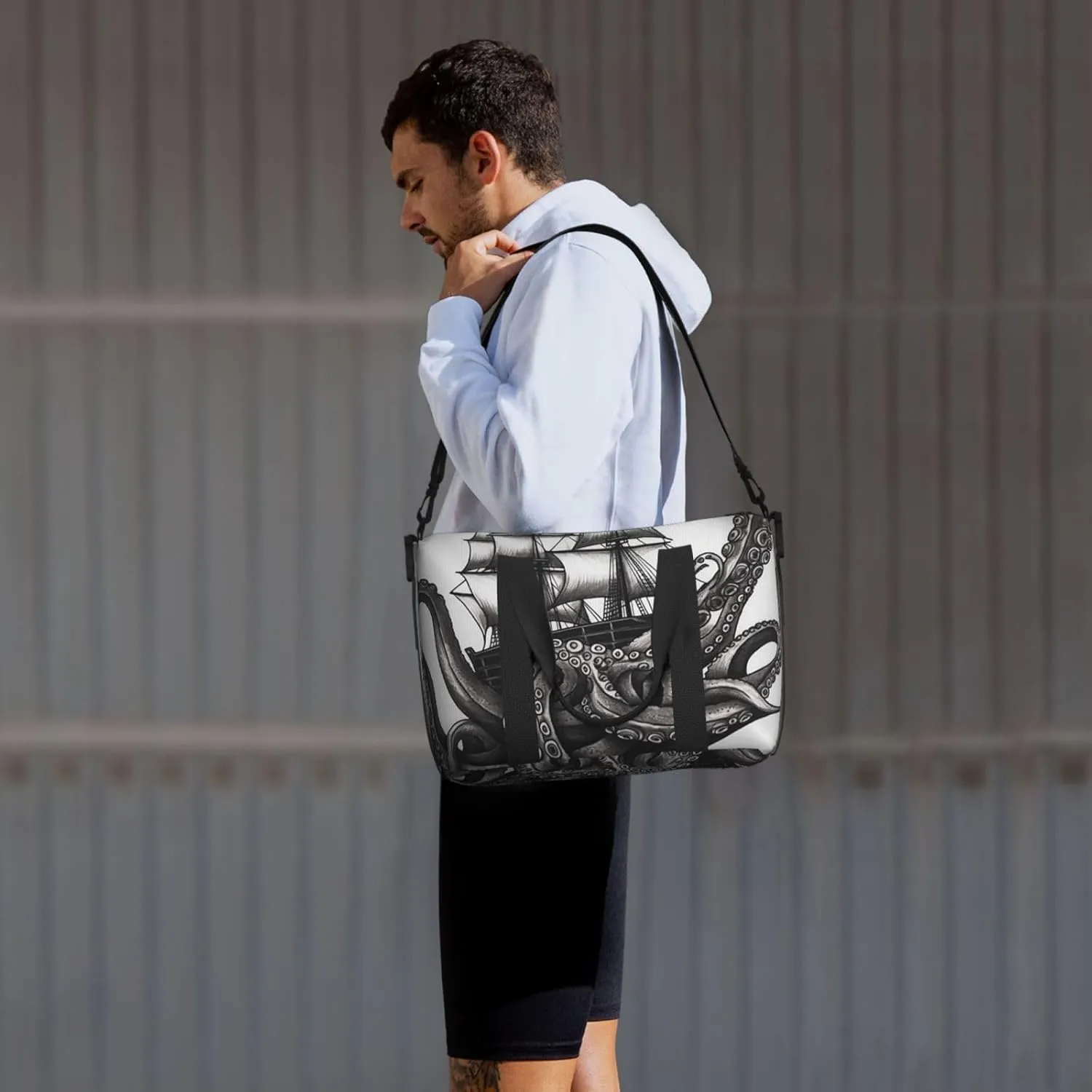 Gym Bags Small Black and White Octopus and Ship Duffel Bag Overnight Bag with Shoe Compartment Carryon Bag for Men Women