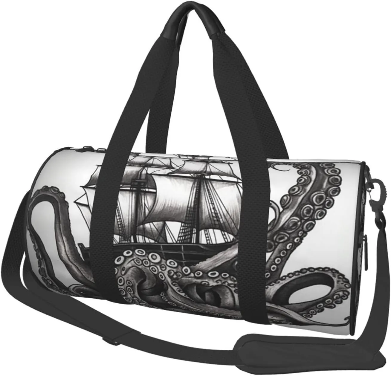 Gym Bags Small Black and White Octopus and Ship Duffel Bag Overnight Bag with Shoe Compartment Carryon Bag for Men Women