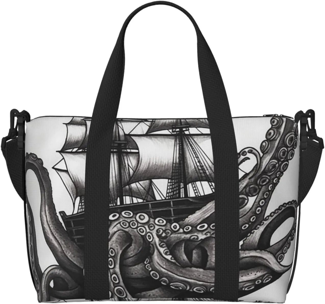 Gym Bags Small Black and White Octopus and Ship Duffel Bag Overnight Bag with Shoe Compartment Carryon Bag for Men Women