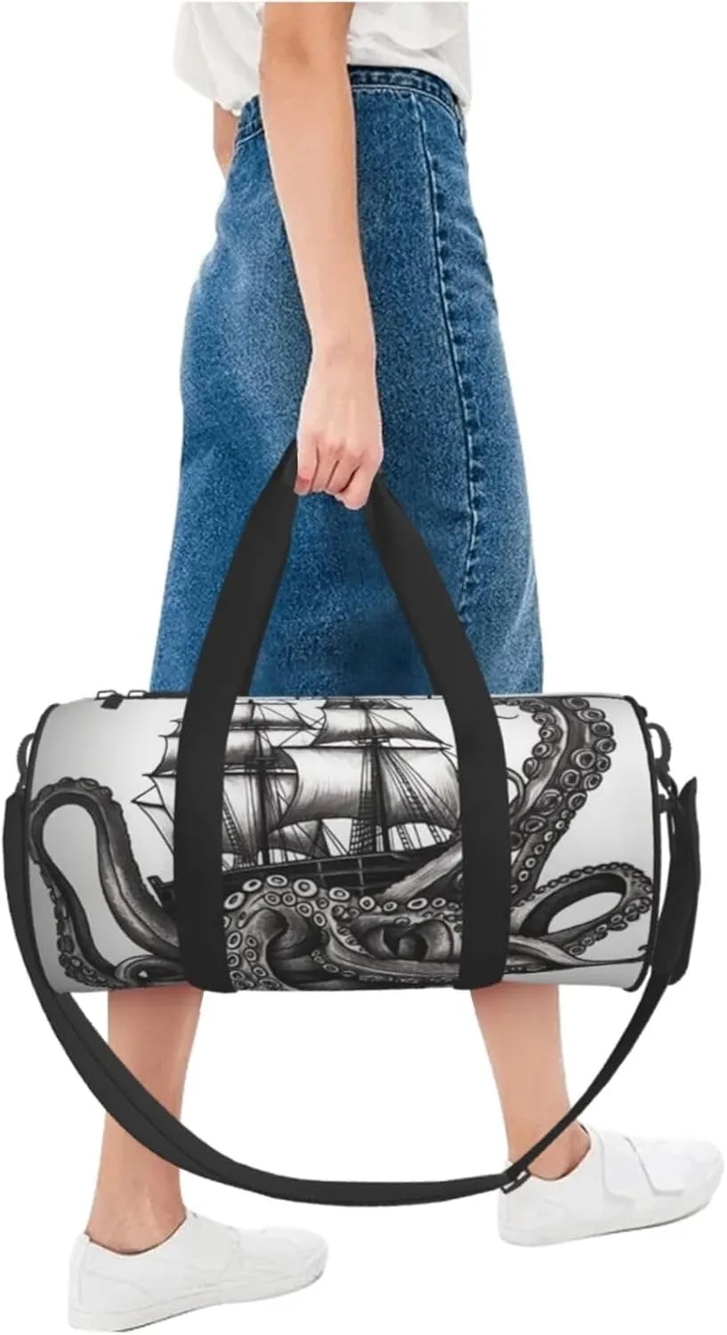 Gym Bags Small Black and White Octopus and Ship Duffel Bag Overnight Bag with Shoe Compartment Carryon Bag for Men Women