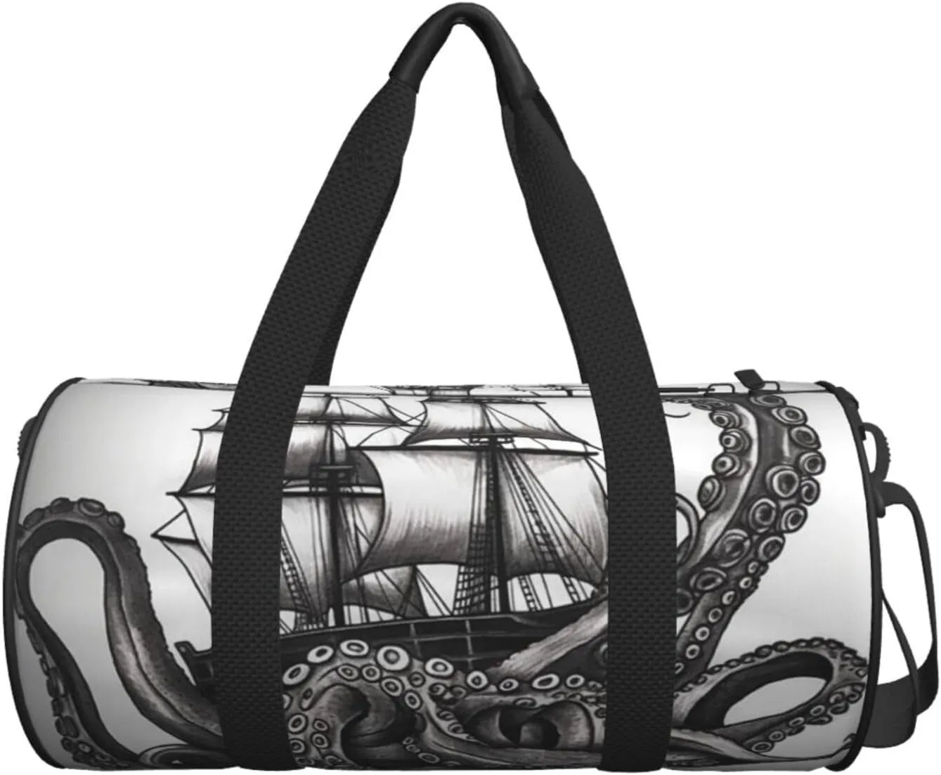 Gym Bags Small Black and White Octopus and Ship Duffel Bag Overnight Bag with Shoe Compartment Carryon Bag for Men Women