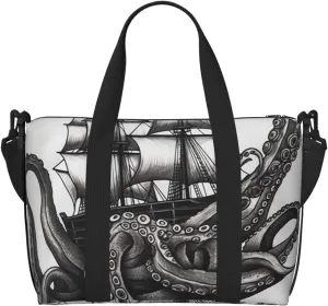 Gym Bags Small Black and White Octopus and Ship Duffel Bag Overnight Bag with Shoe Compartment Carryon Bag for Men Women