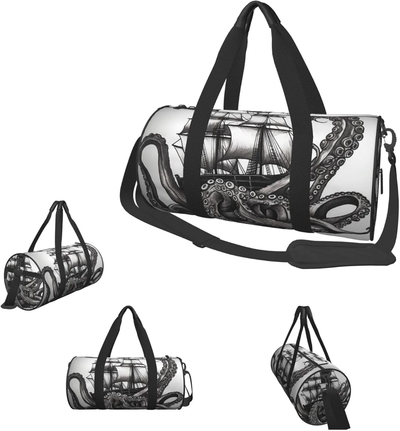 Gym Bags Small Black and White Octopus and Ship Duffel Bag Overnight Bag with Shoe Compartment Carryon Bag for Men Women