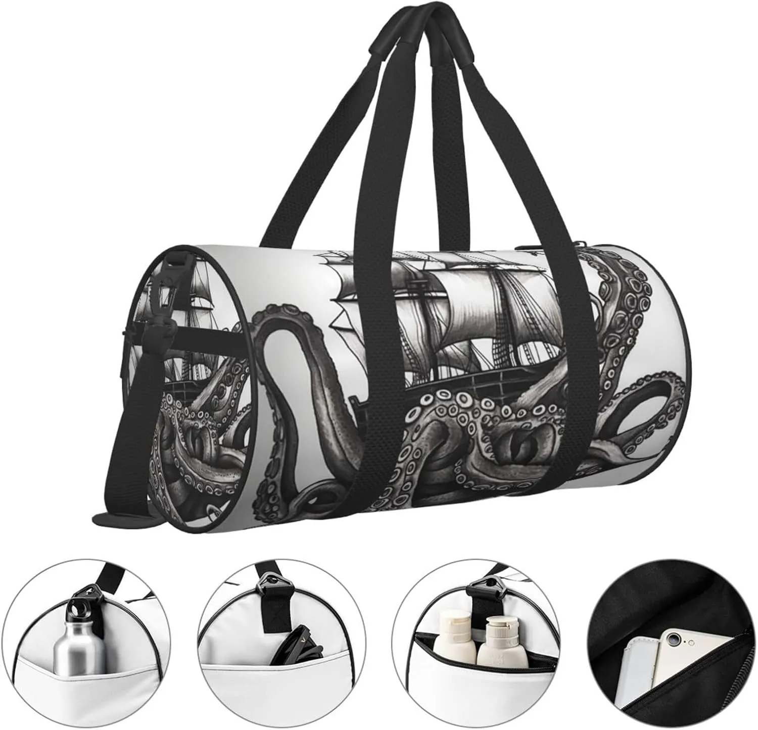 Gym Bags Small Black and White Octopus and Ship Duffel Bag Overnight Bag with Shoe Compartment Carryon Bag for Men Women