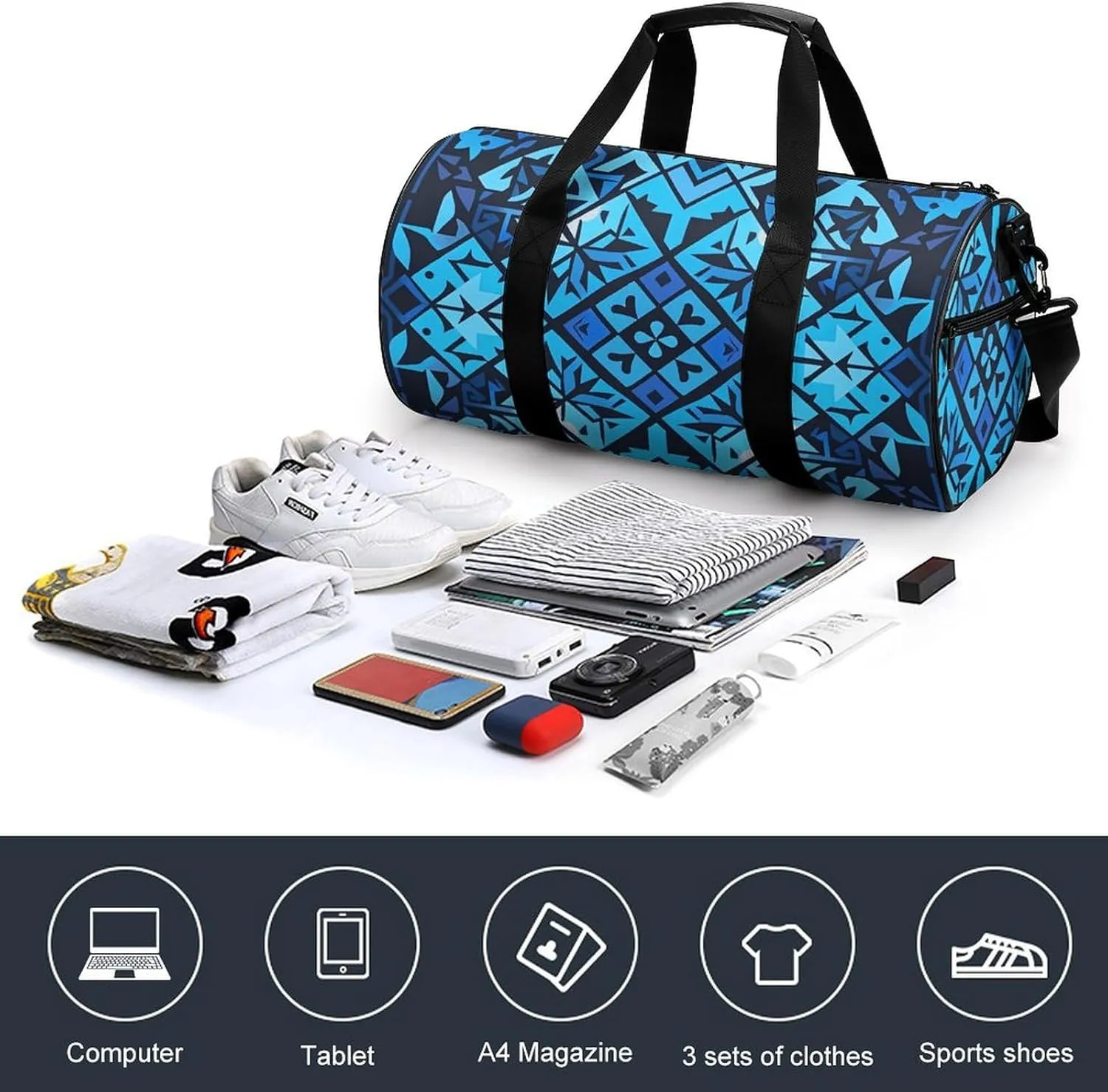 Gym Bags Small Blue Polynesian Maori Tribal Pattern Duffel Bag Overnight Bag with Shoe Compartment Carryon Bag for Men Women