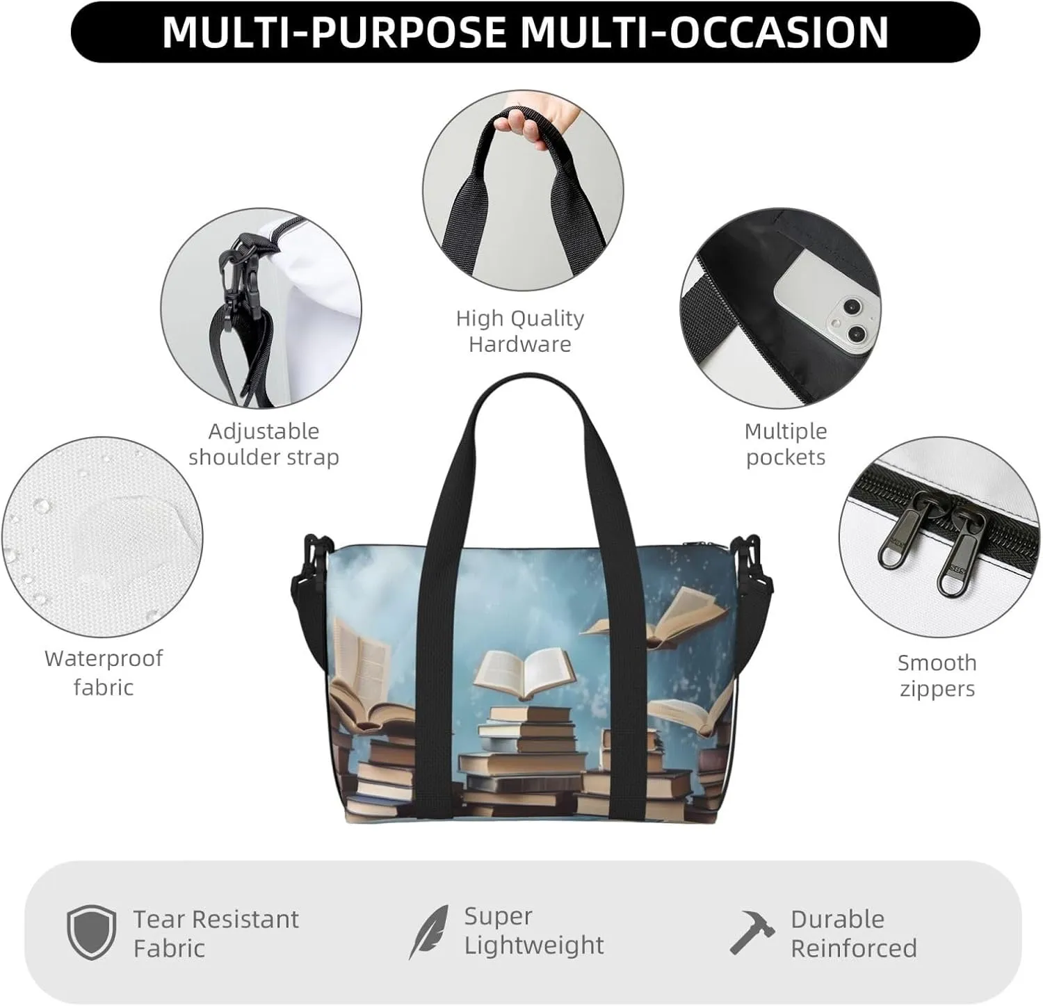 Gym Bags Small books in the sky Duffel Bag Overnight Bag with Shoe Compartment Carryon Bag for Men Women