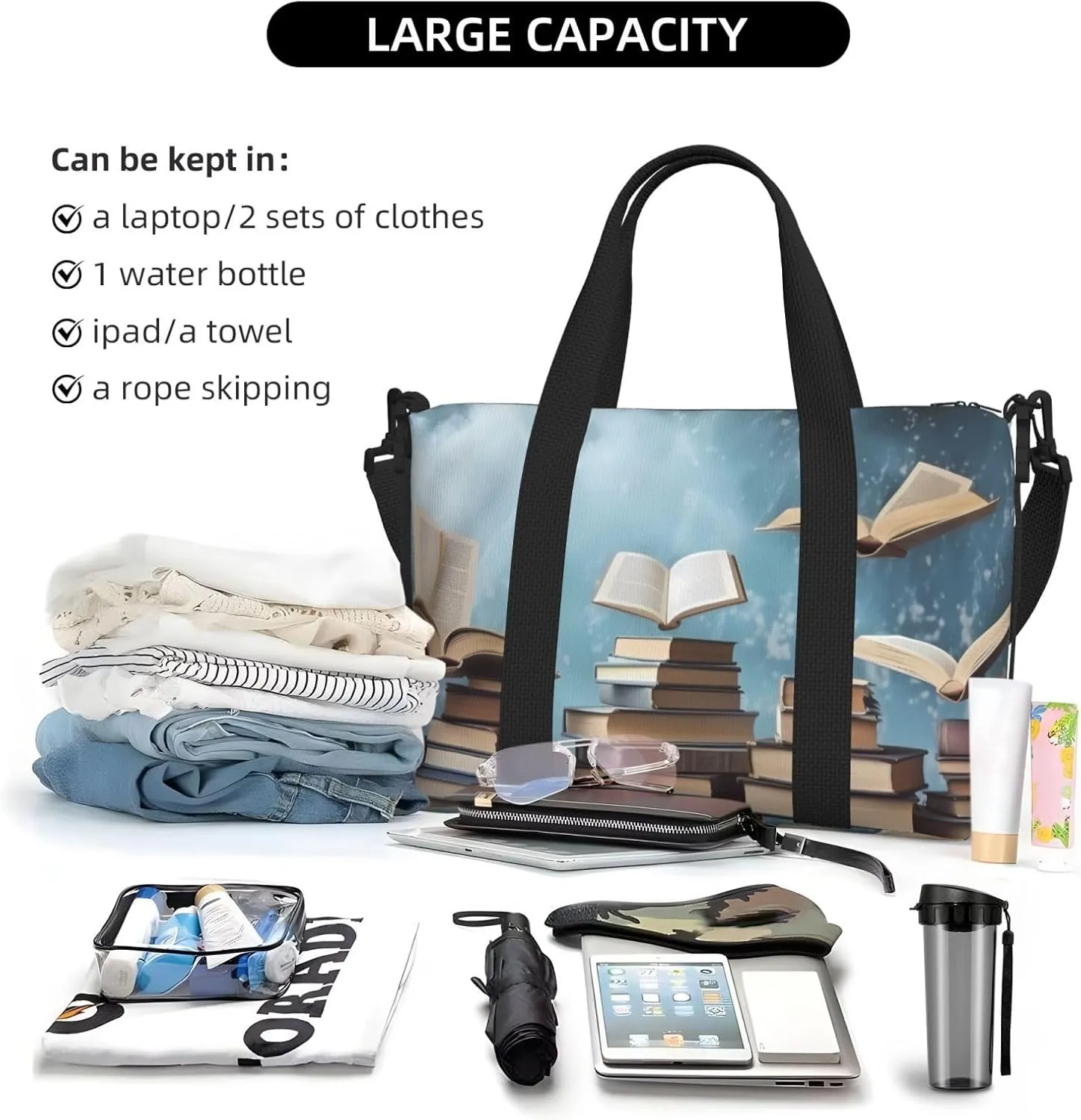 Gym Bags Small books in the sky Duffel Bag Overnight Bag with Shoe Compartment Carryon Bag for Men Women