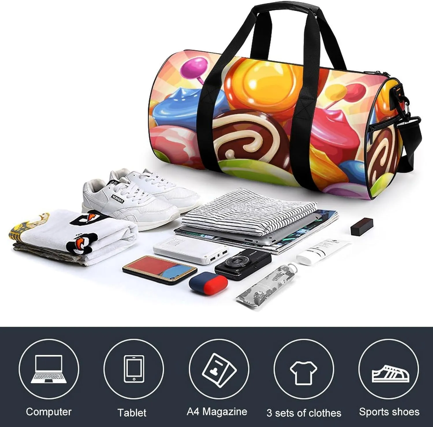 Gym Bags Small Cartoon Candy Duffel Bag Overnight Bag with Shoe Compartment Carryon Bag for Men Women