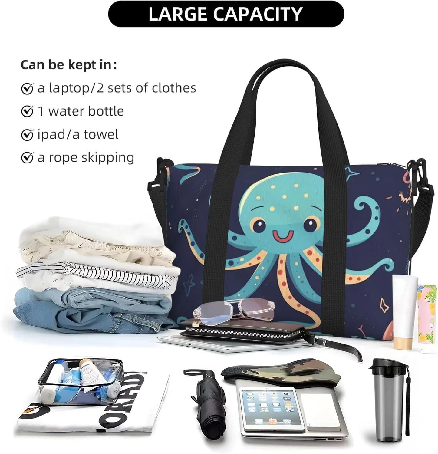 Gym Bags Small Cartoon Octopus Duffel Bag Overnight Bag with Shoe Compartment Carryon Bag for Men Women