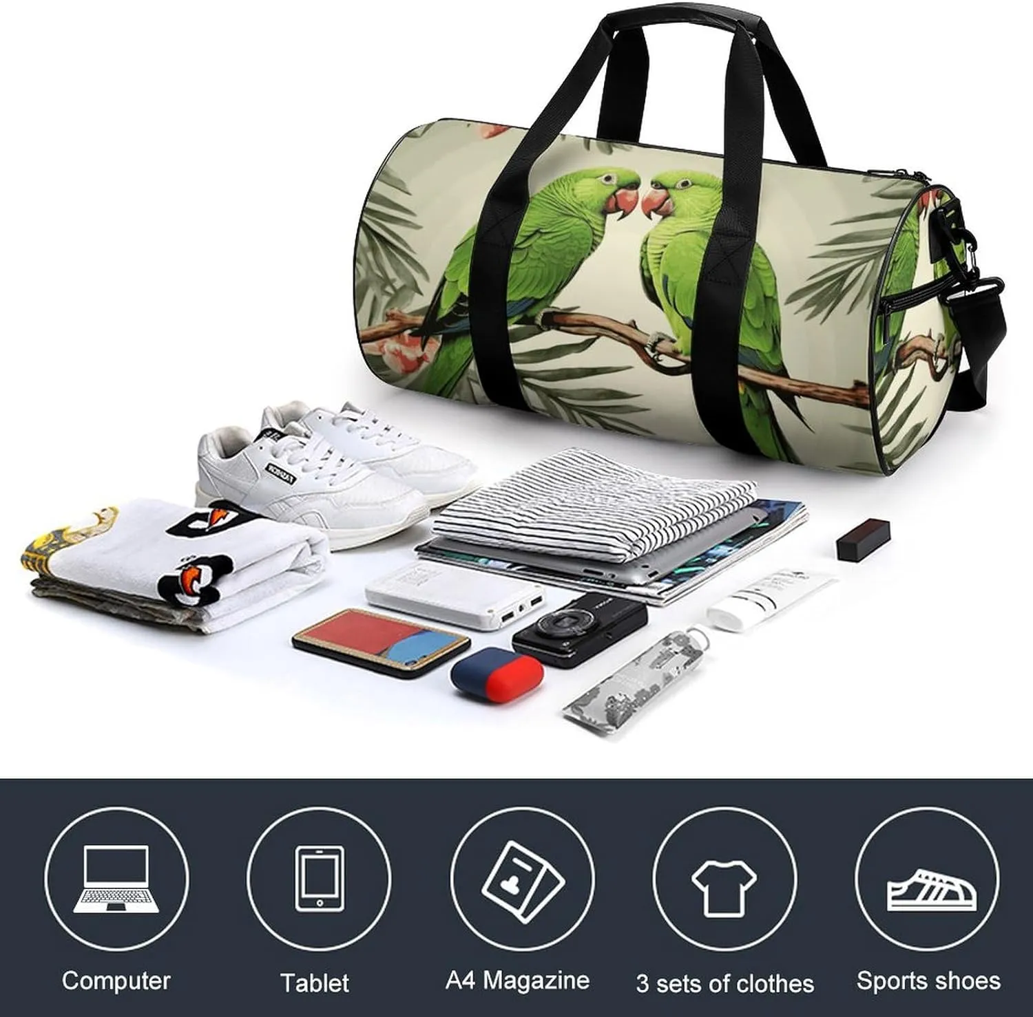Gym Bags Small Couple Parrots Olive Duffel Bag Overnight Bag with Shoe Compartment Carryon Bag for Men Women