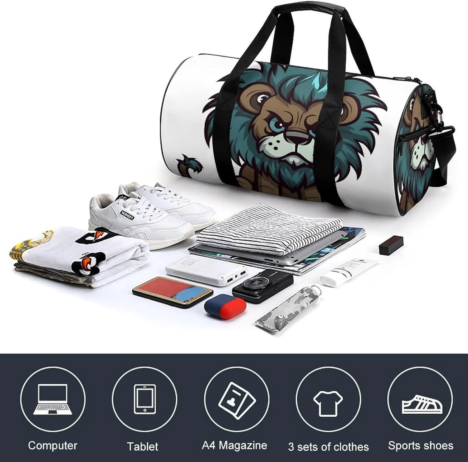 Gym Bags Small Cute Lion Duffel Bag Overnight Bag with Shoe Compartment Carryon Bag for Men Women