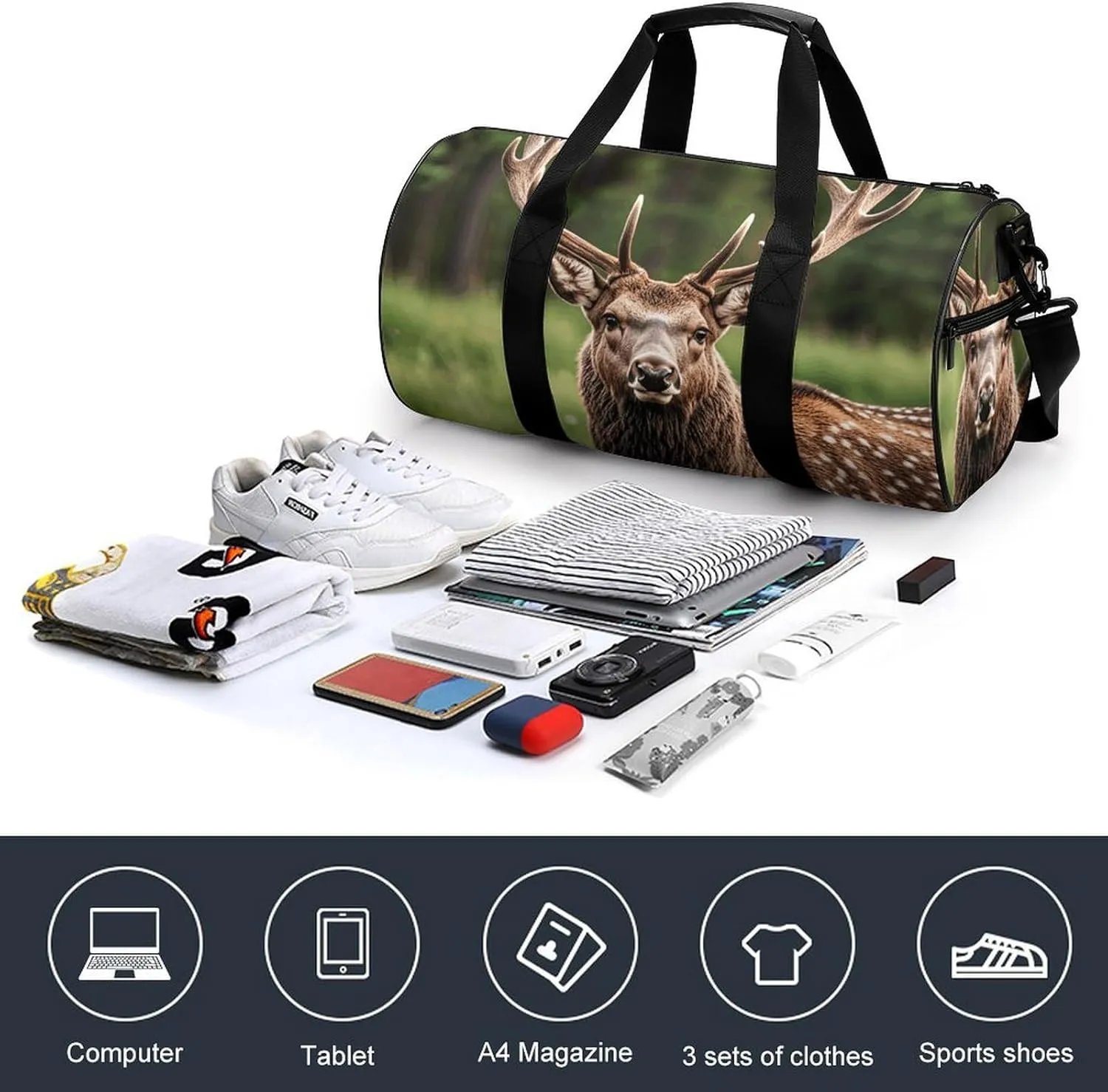 Gym Bags Small Deer Bear Moose Duffel Bag Overnight Bag with Shoe Compartment Carryon Bag for Men Women