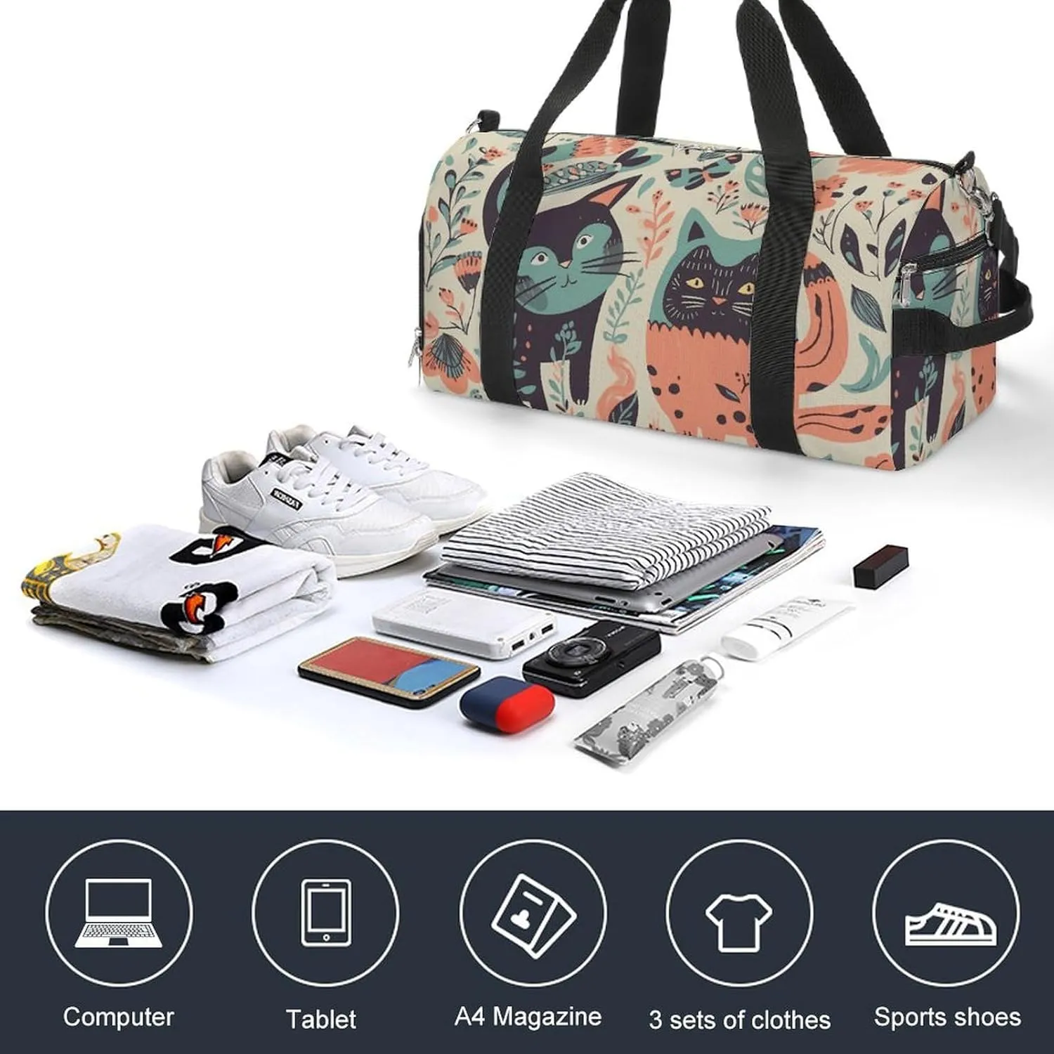 Gym Bags Small Funny Cats Birds And Flowers Duffel Bag Overnight Bag with Shoe Compartment Carryon Bag for Men Women