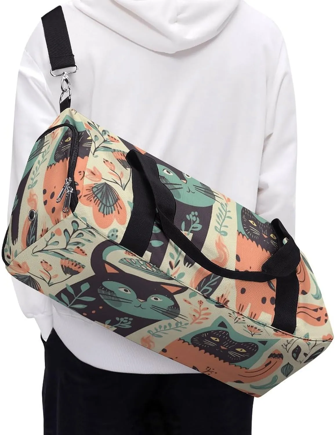 Gym Bags Small Funny Cats Birds And Flowers Duffel Bag Overnight Bag with Shoe Compartment Carryon Bag for Men Women