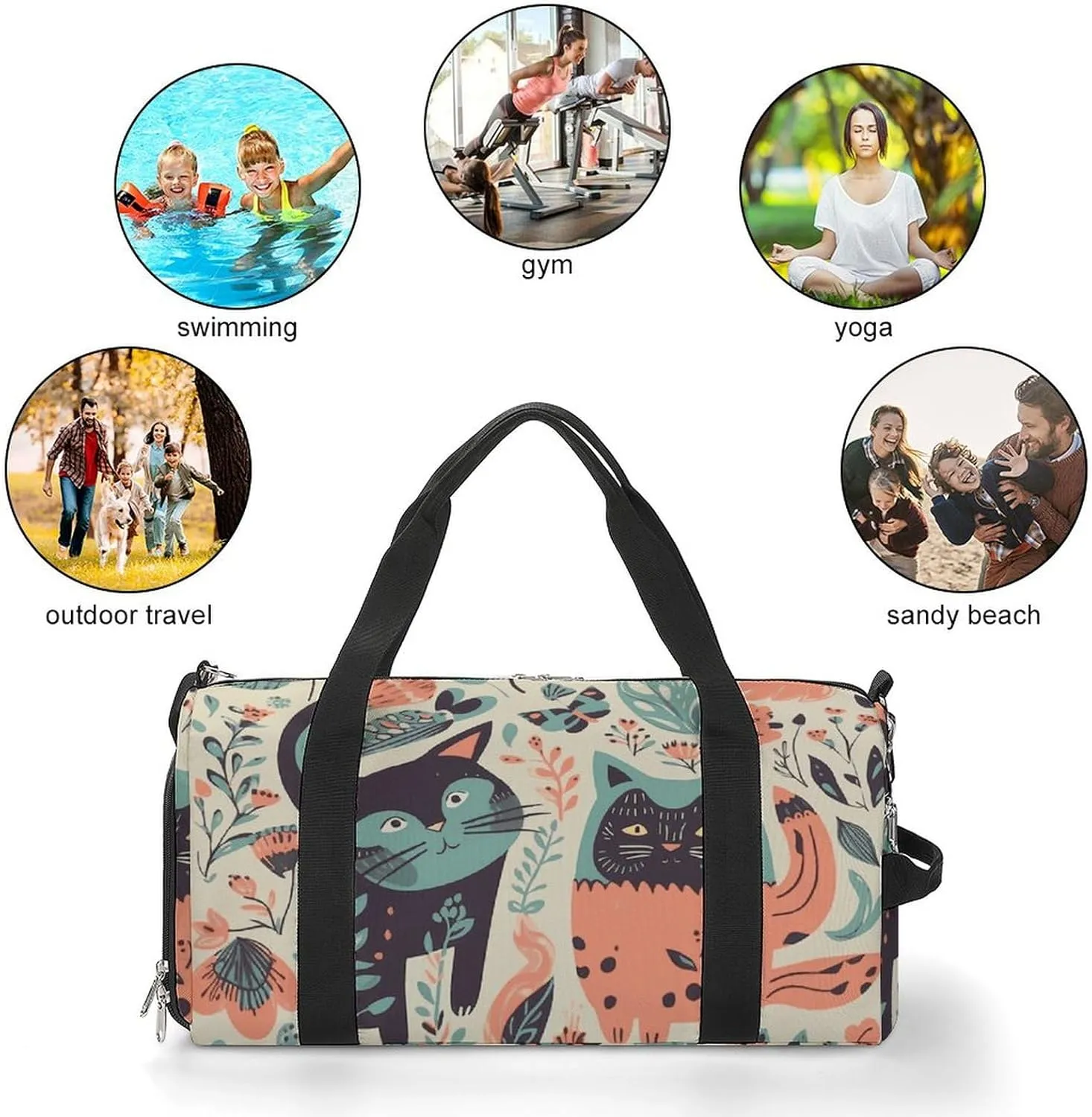 Gym Bags Small Funny Cats Birds And Flowers Duffel Bag Overnight Bag with Shoe Compartment Carryon Bag for Men Women