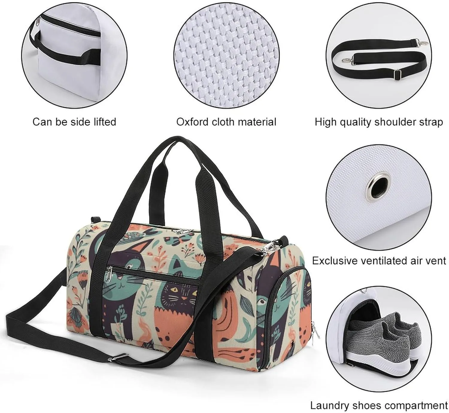 Gym Bags Small Funny Cats Birds And Flowers Duffel Bag Overnight Bag with Shoe Compartment Carryon Bag for Men Women
