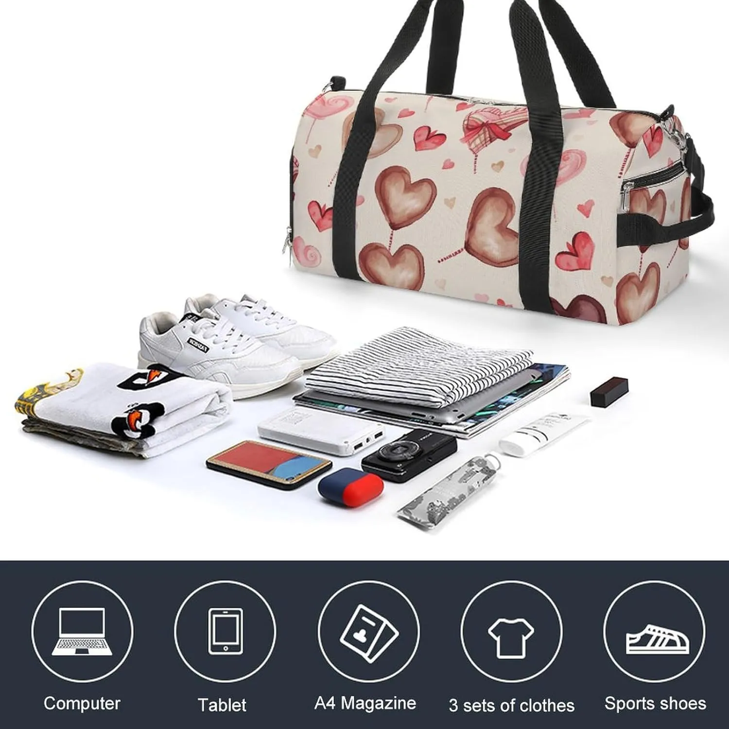 Gym Bags Small Hand Painted Heart Duffel Bag Overnight Bag with Shoe Compartment Carryon Bag for Men Women