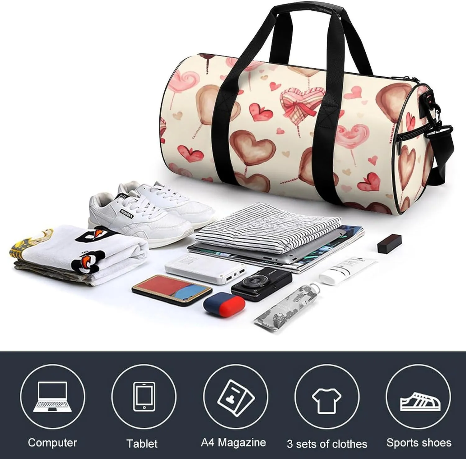 Gym Bags Small Hand Painted Heart Duffel Bag Overnight Bag with Shoe Compartment Carryon Bag for Men Women