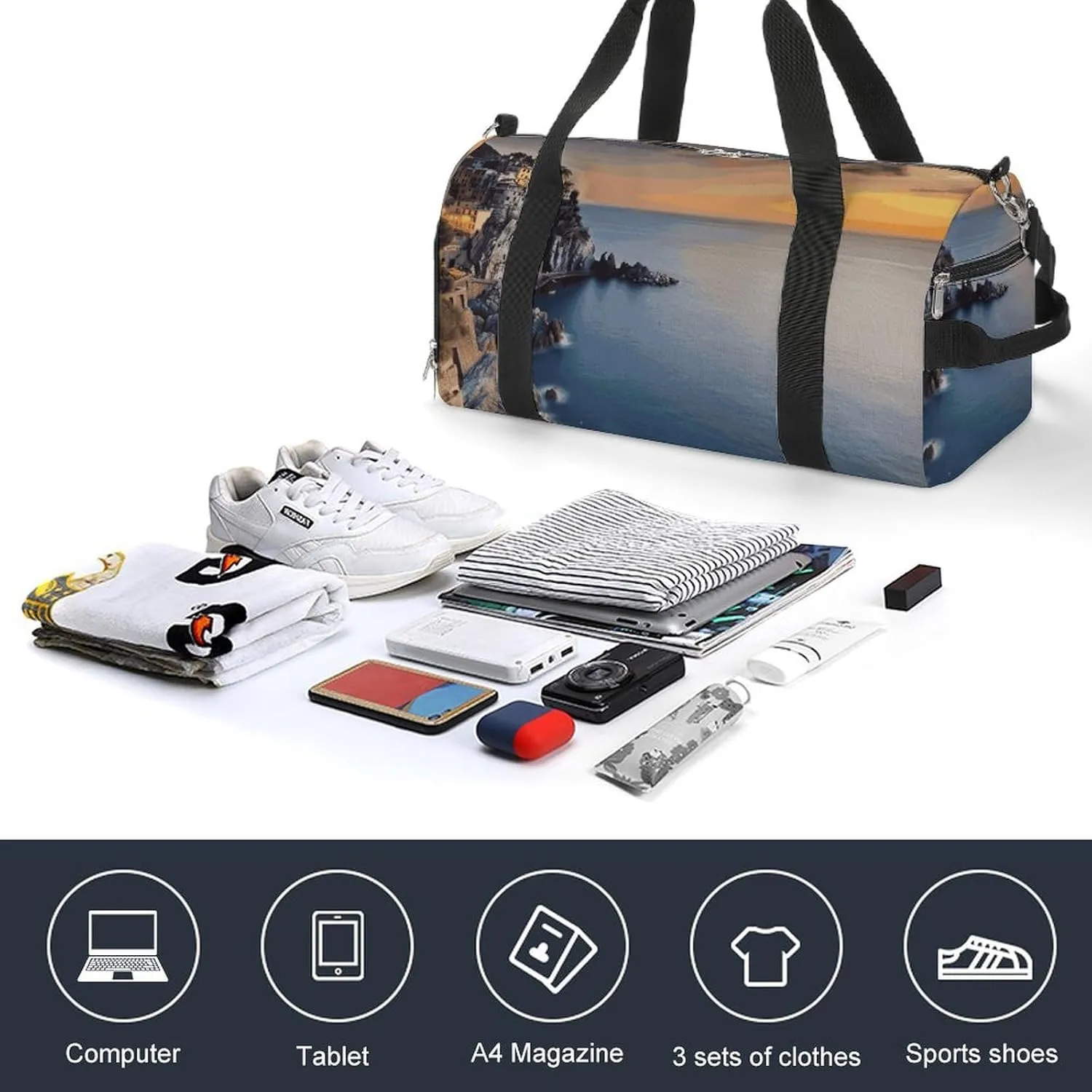 Gym Bags Small Italy Sea at Sunset Duffel Bag Overnight Bag with Shoe Compartment Carryon Bag for Men Women