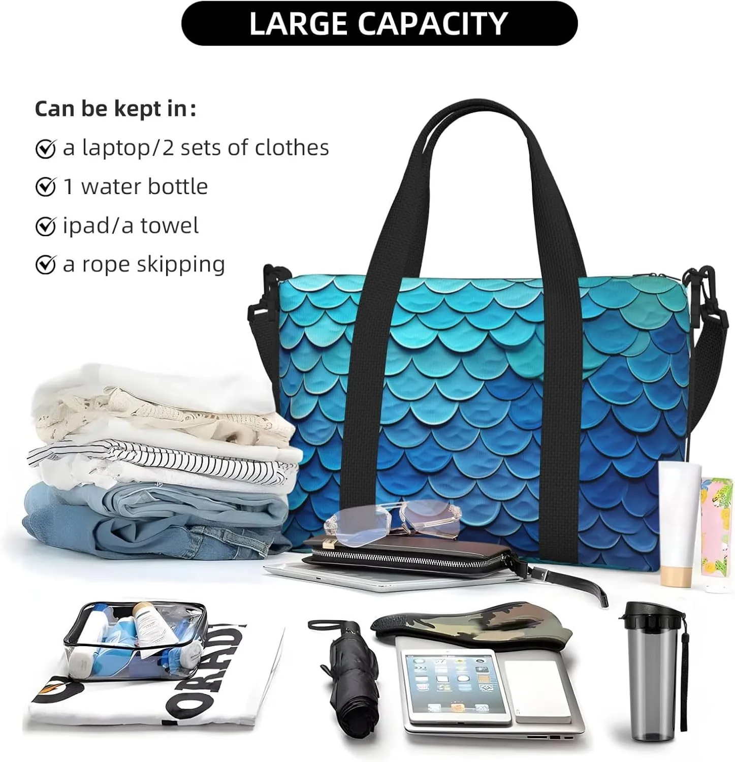 Gym Bags Small Mermaid Fish Scale Duffel Bag Overnight Bag with Shoe Compartment Carryon Bag for Men Women