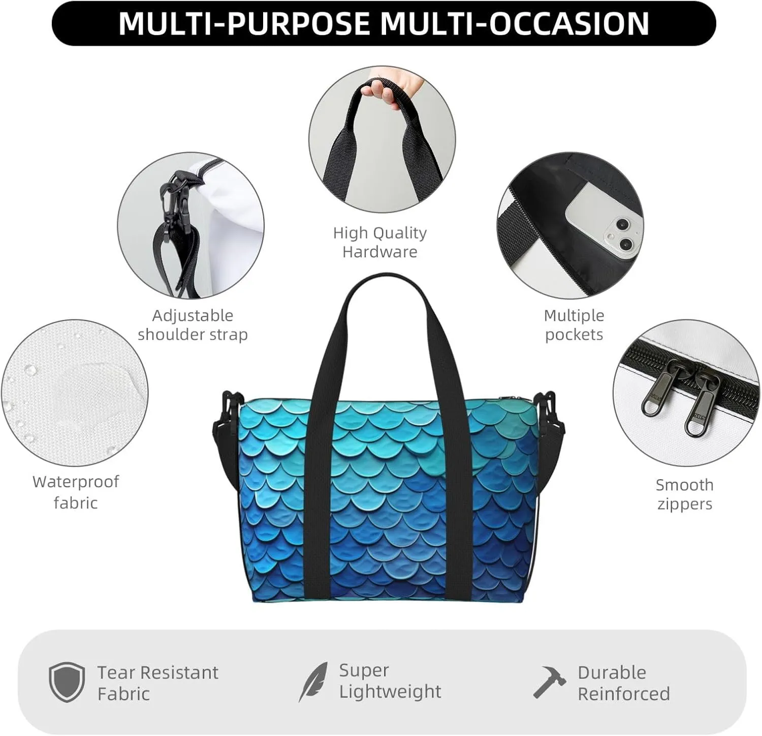 Gym Bags Small Mermaid Fish Scale Duffel Bag Overnight Bag with Shoe Compartment Carryon Bag for Men Women