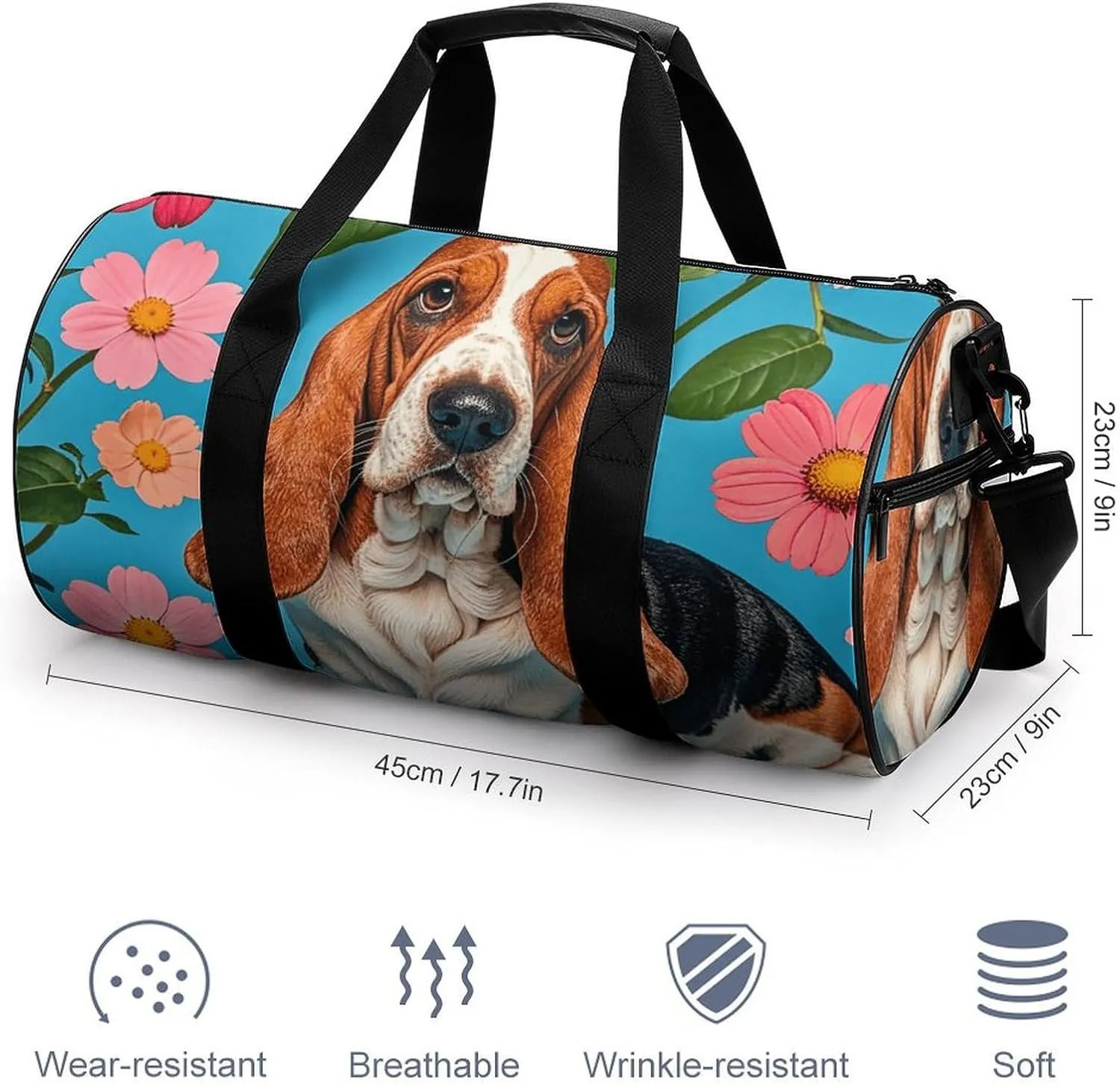 Gym Bags Small Sweet Basset Hound Florals Duffel Bag Overnight Bag with Shoe Compartment Carryon Bag for Men Women