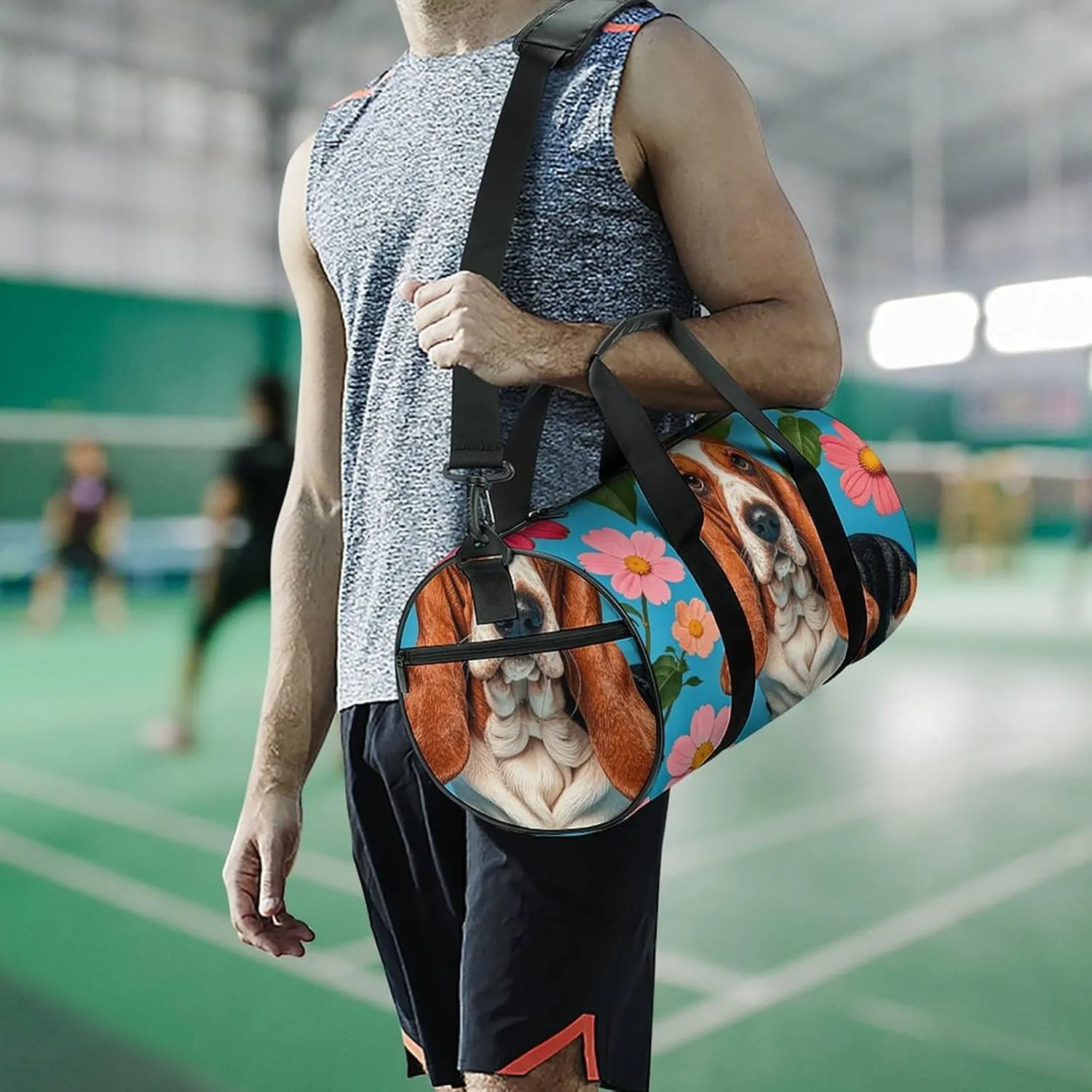 Gym Bags Small Sweet Basset Hound Florals Duffel Bag Overnight Bag with Shoe Compartment Carryon Bag for Men Women