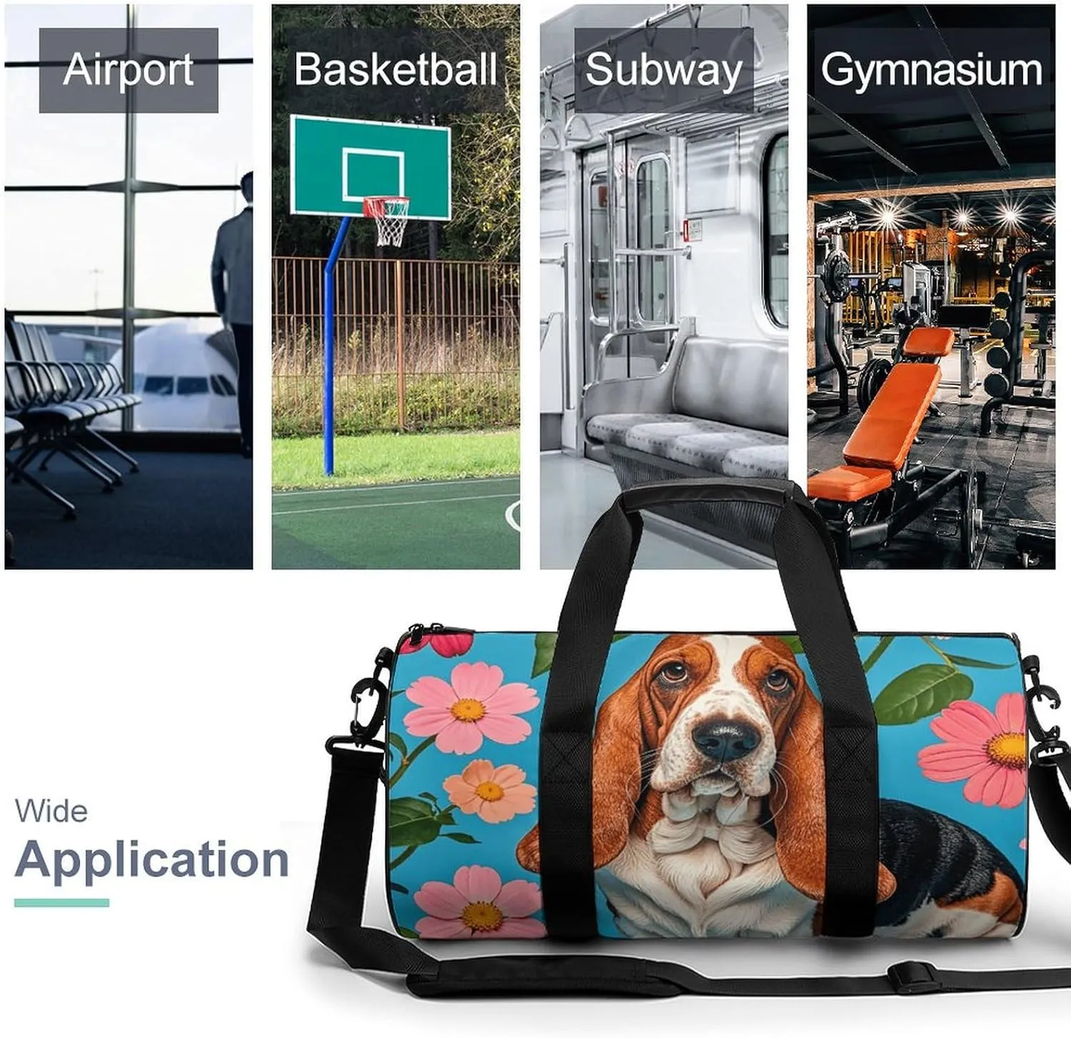 Gym Bags Small Sweet Basset Hound Florals Duffel Bag Overnight Bag with Shoe Compartment Carryon Bag for Men Women