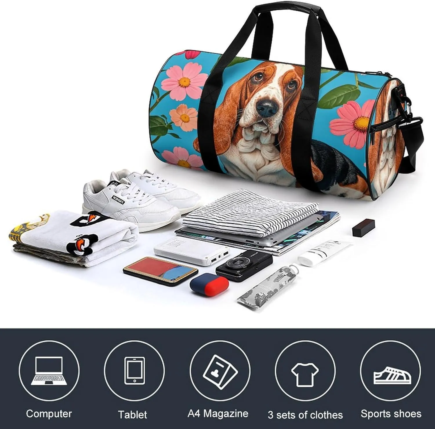 Gym Bags Small Sweet Basset Hound Florals Duffel Bag Overnight Bag with Shoe Compartment Carryon Bag for Men Women