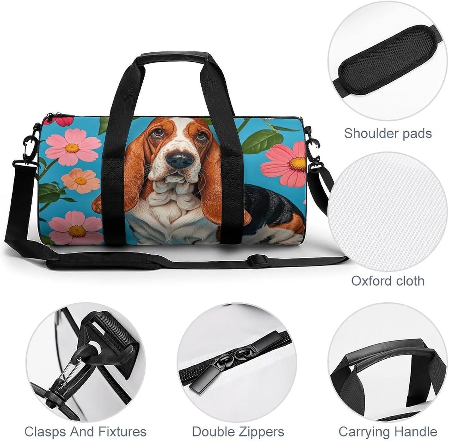 Gym Bags Small Sweet Basset Hound Florals Duffel Bag Overnight Bag with Shoe Compartment Carryon Bag for Men Women