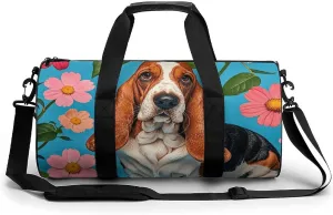 Gym Bags Small Sweet Basset Hound Florals Duffel Bag Overnight Bag with Shoe Compartment Carryon Bag for Men Women